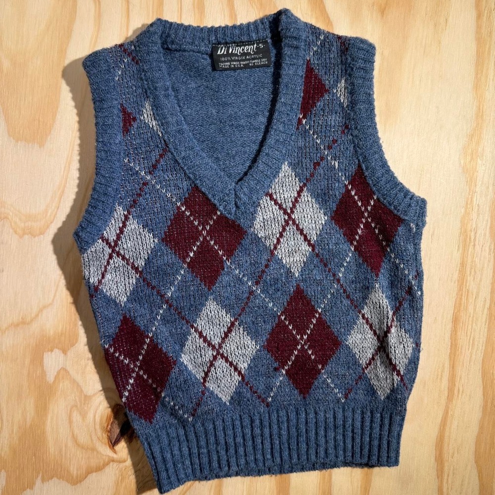 Di Vincent Boys Blue Argyle Sweater Vest Size 5 Vintage Made in USA V-Neck
